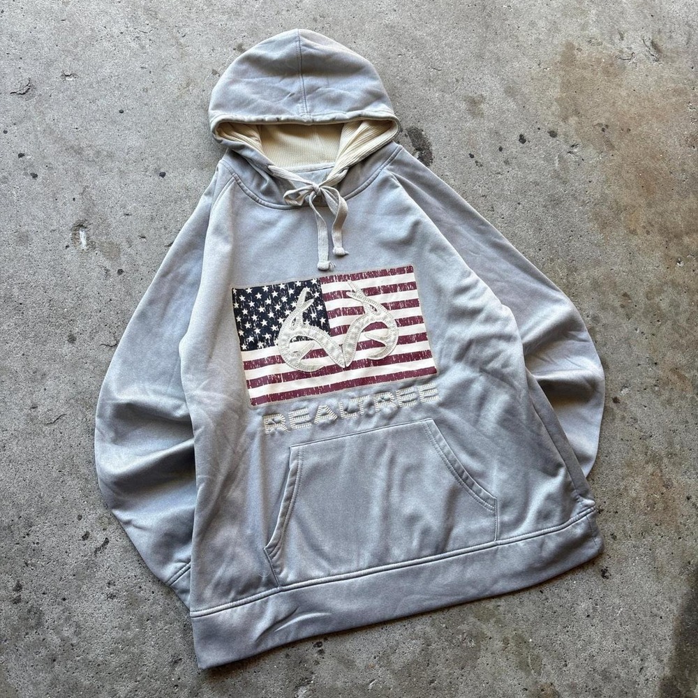 Realtree Hoodie Mens Large Gray American Flag Graphic Pullover Sweatshirt